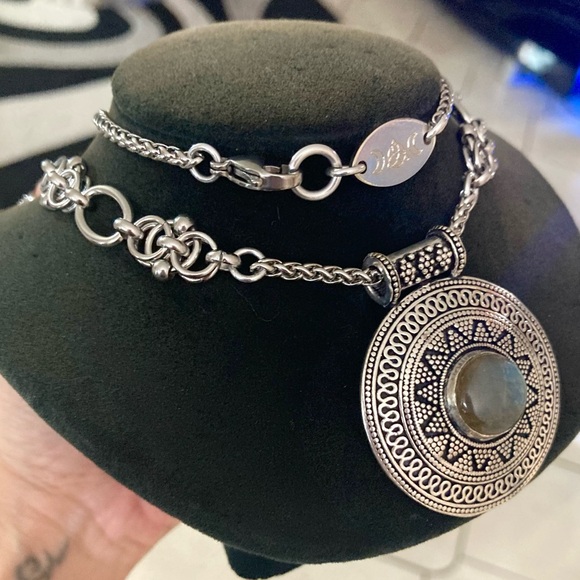 Flash iridescent labradorite gemstone boho round design double chain necklace - Picture 6 of 13